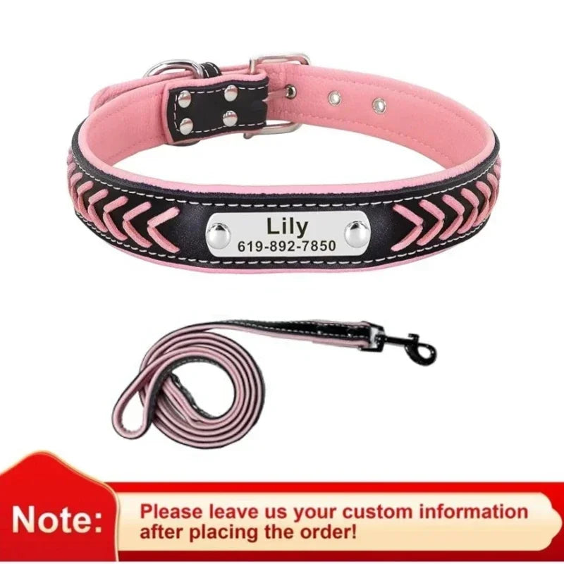 Engraved Leather Dog Collar Braided Persoanzled ID Tag Collars Nameplate Customized Pet Collar Leather Pet Walking Leash Leads