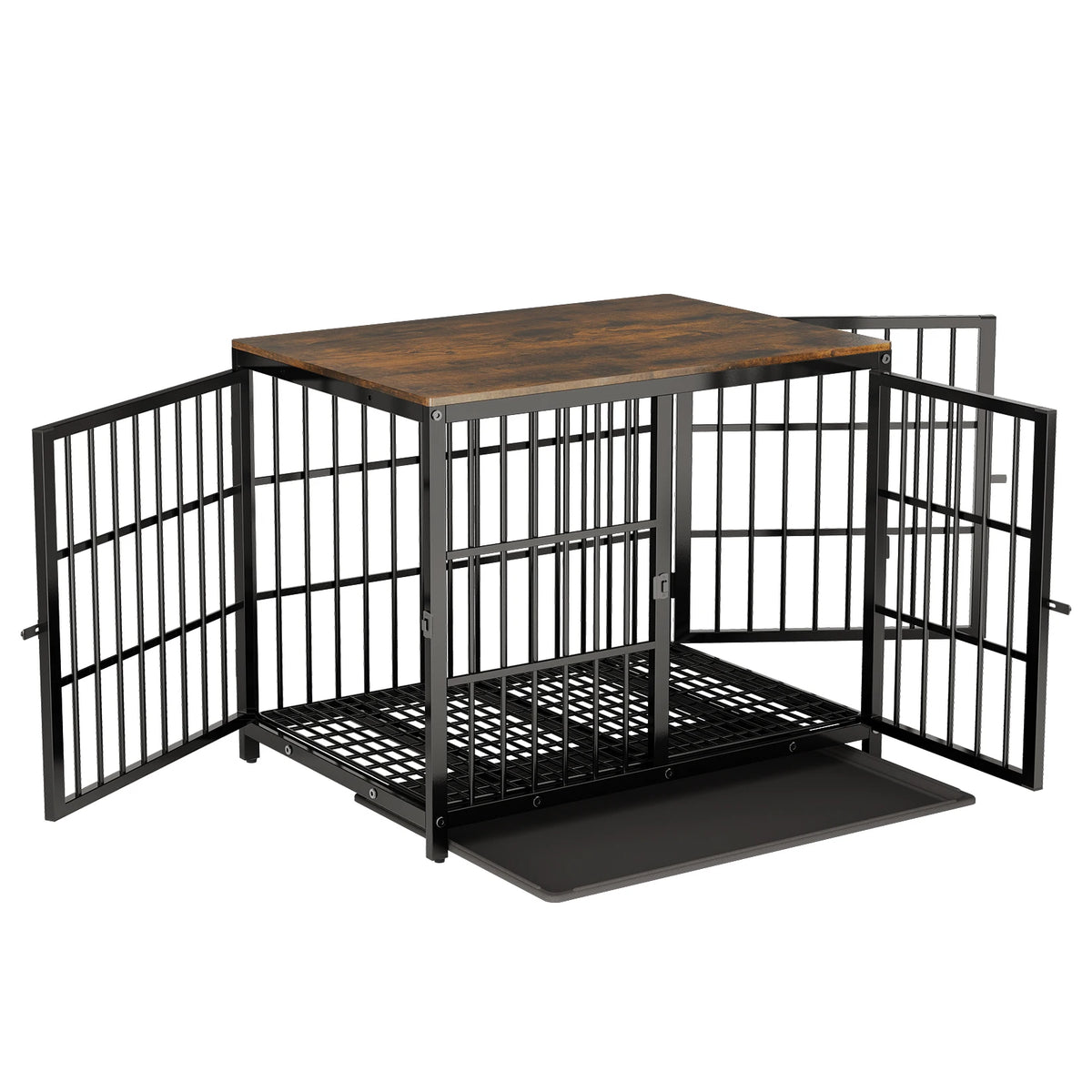 Wooden Dog Crate Furniture with Metal Frame, Large Indoor Dog Kennel End Table, Stylish Pet Cage with 3 Doors and Removable Tray
