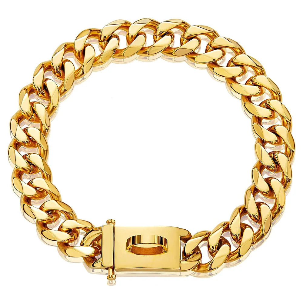 19mm Gold Chain Dog Collar Luxurious Sliver Gold Cuban Link Dog Collar with Secure Snap Buckle for Medium and Large Pit Bulls