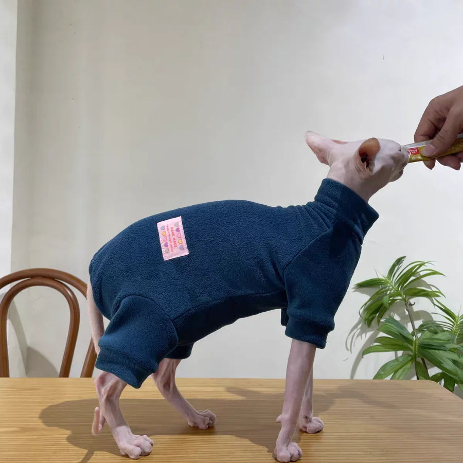 Fleece Coat for Sphynx Cat Warm Sweatshirt 4-legged Jumpsuit for Kittens Dogs soft Loungewear for Male Cat Devon Rex Sweater
