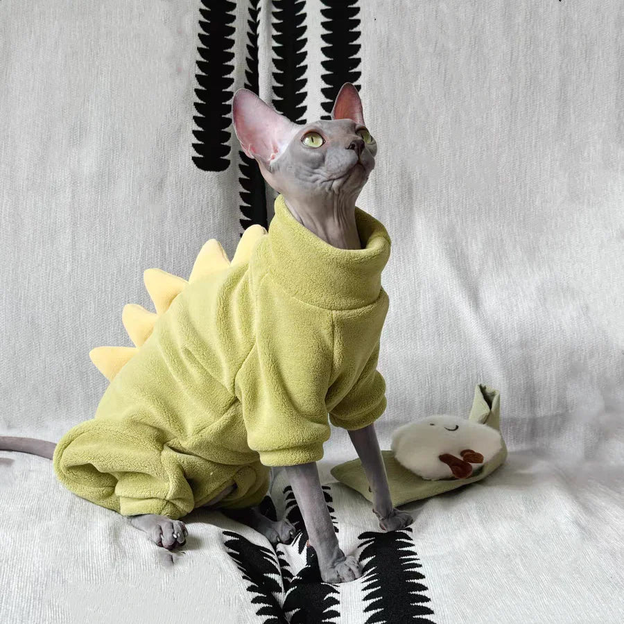 Dinosaur Shape Fleece Sweatshirt for Cats in Winter Cute Cartoon 4-legged Warm Purple Blue Coat for Sphynx Cat Soft Jumpsuit