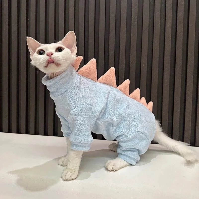Dinosaur Shape Fleece Sweatshirt for Cats in Winter Cute Cartoon 4-legged Warm Purple Blue Coat for Sphynx Cat Soft Jumpsuit