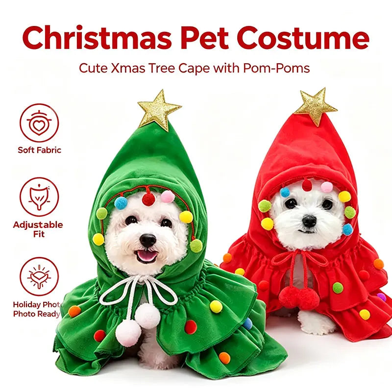 Pet Christmas Tree Costume Dog Cat Xmas Cape Cloak with Star Pom‑pom Decor Holiday Cosplay Outfit Small Dogs Cats Party Dress‑up
