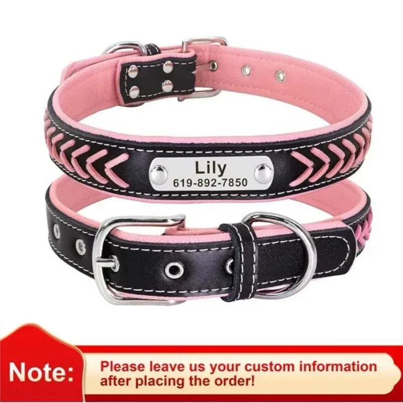 Engraved Leather Dog Collar Braided Persoanzled ID Tag Collars Nameplate Customized Pet Collar Leather Pet Walking Leash Leads