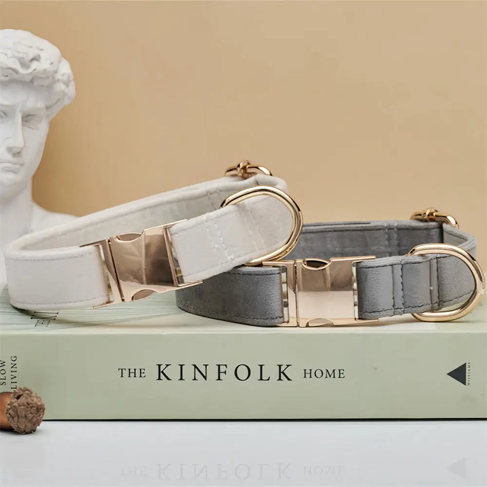 Multiple Colour Velvet Personalise Dog Collar Leash Set with Bow,Brown+Grey+White,Engraved Pet Name Plate Metal Buckle