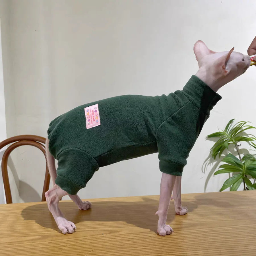 Fleece Coat for Sphynx Cat Warm Sweatshirt 4-legged Jumpsuit for Kittens Dogs soft Loungewear for Male Cat Devon Rex Sweater
