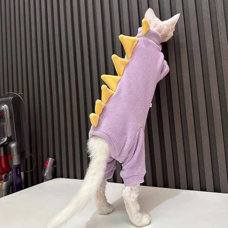Dinosaur Shape Fleece Sweatshirt for Cats in Winter Cute Cartoon 4-legged Warm Purple Blue Coat for Sphynx Cat Soft Jumpsuit