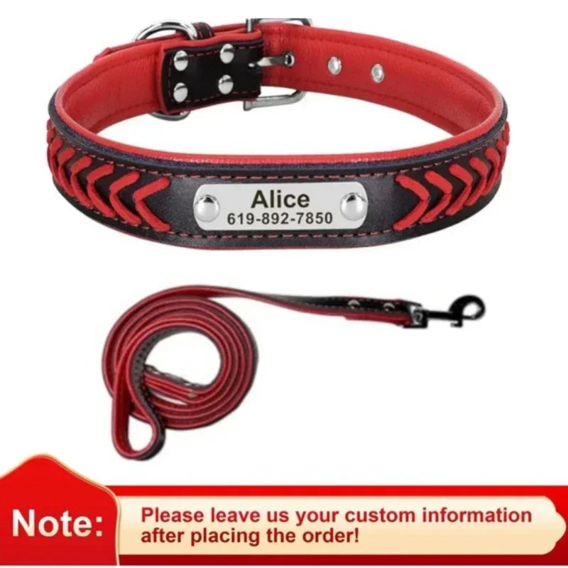Engraved Leather Dog Collar Braided Persoanzled ID Tag Collars Nameplate Customized Pet Collar Leather Pet Walking Leash Leads