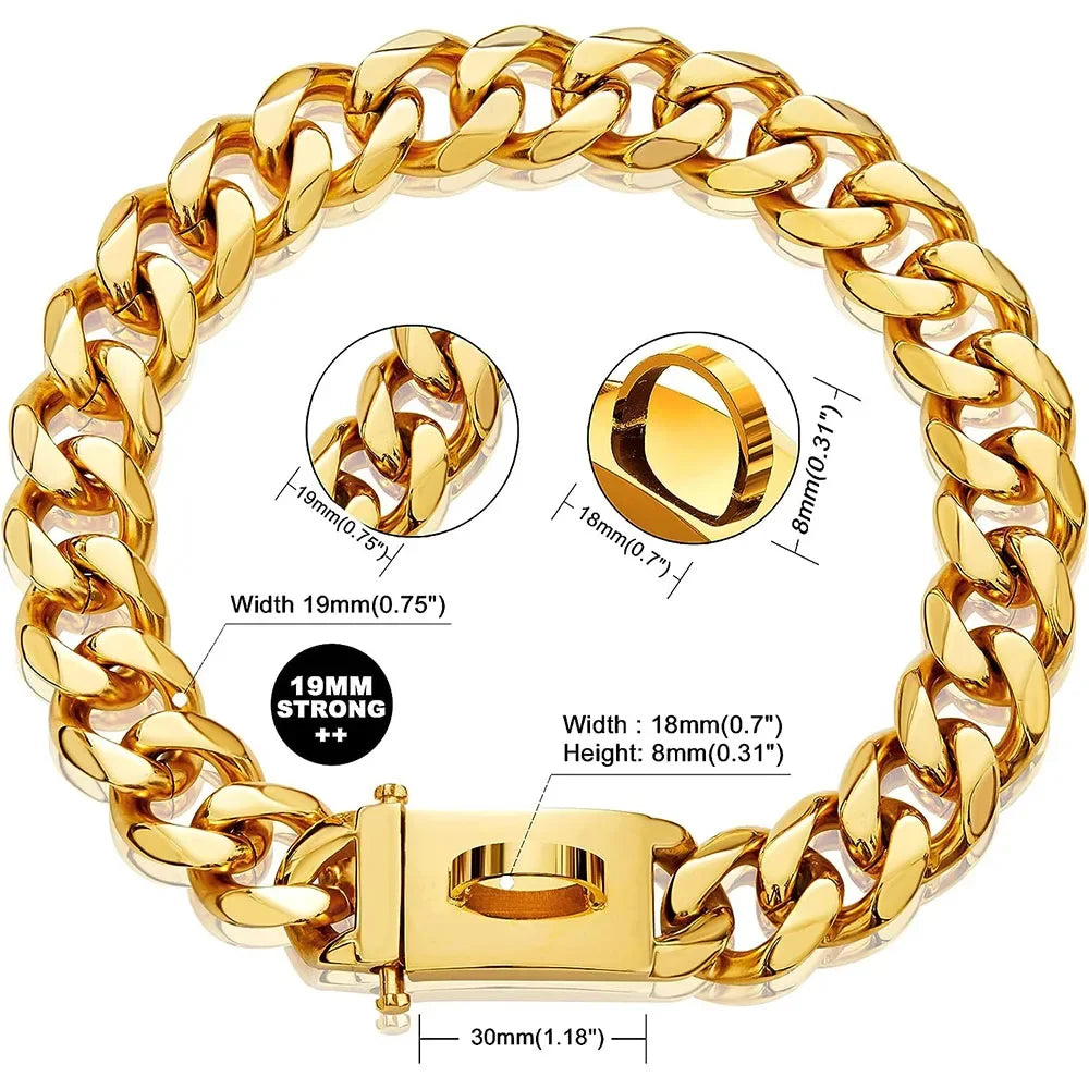 19mm Gold Chain Dog Collar Luxurious Sliver Gold Cuban Link Dog Collar with Secure Snap Buckle for Medium and Large Pit Bulls
