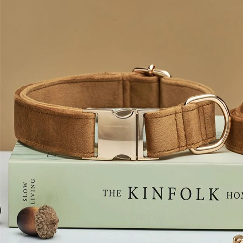 Multiple Colour Velvet Personalise Dog Collar Leash Set with Bow,Brown+Grey+White,Engraved Pet Name Plate Metal Buckle