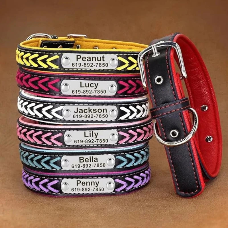 Engraved Leather Dog Collar Braided Persoanzled ID Tag Collars Nameplate Customized Pet Collar Leather Pet Walking Leash Leads