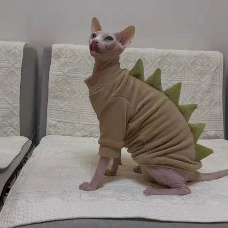 Dinosaur Shape Fleece Sweatshirt for Cats in Winter Cute Cartoon 4-legged Warm Purple Blue Coat for Sphynx Cat Soft Jumpsuit