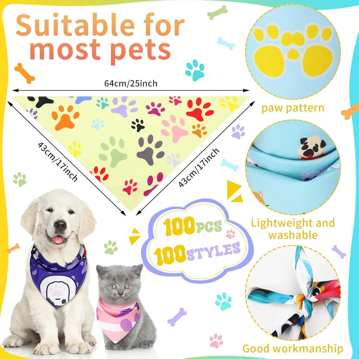 100 Pcs Paw Dog Bandanas Bulk Bibs Triangle Scarf Pet Bandanas for Medium Large Dogs Spring Summer Birthday Costume Decoration