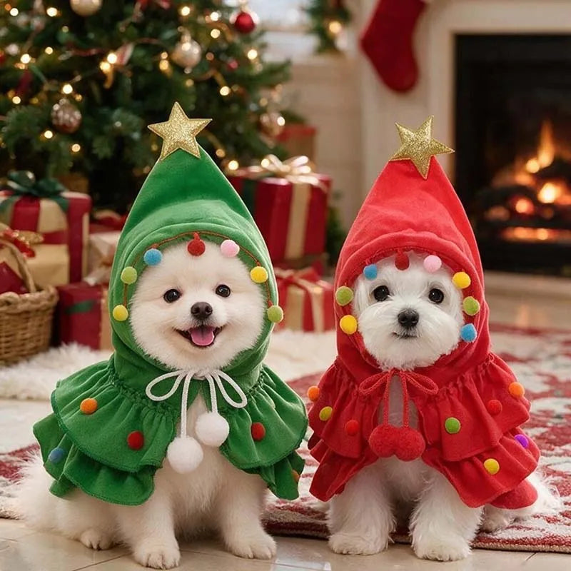 Pet Christmas Tree Costume Dress for Small Dogs Cats Xmas Festive Outfit with Star Hat Puppy Holiday Party Photo Prop Red Green