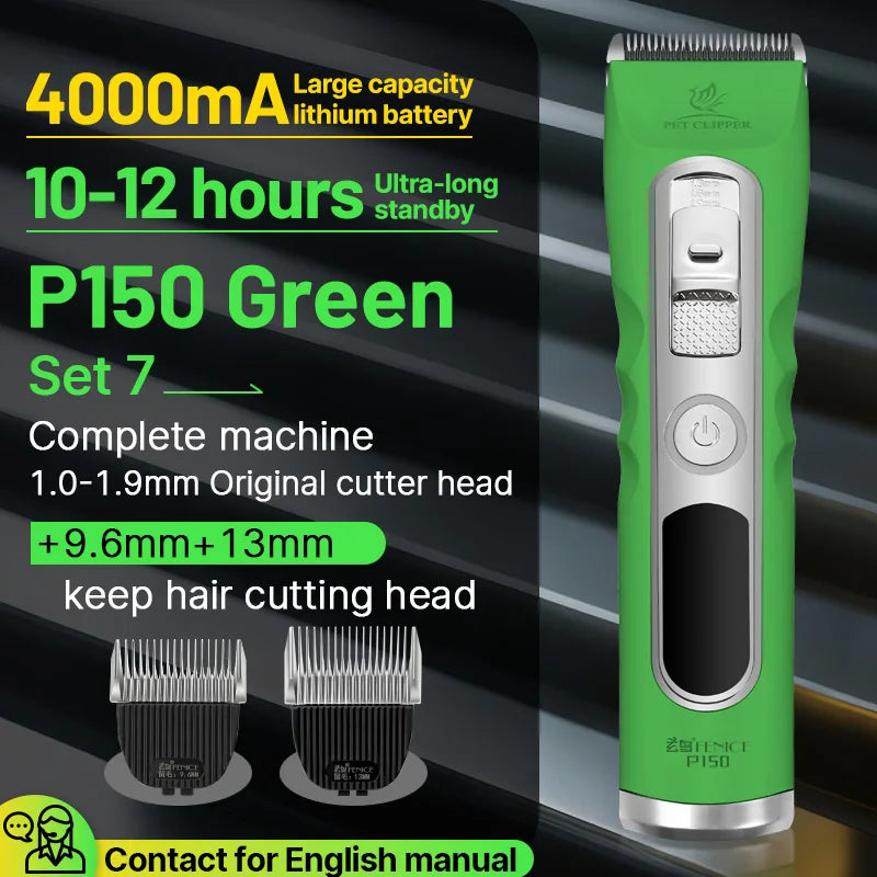 Fenice Green Dog Hair Cutting Machine 4000mA Capacity Cordless LCD Screen Pet Dog Grooming Clipper Rechargeable Dog Accessories