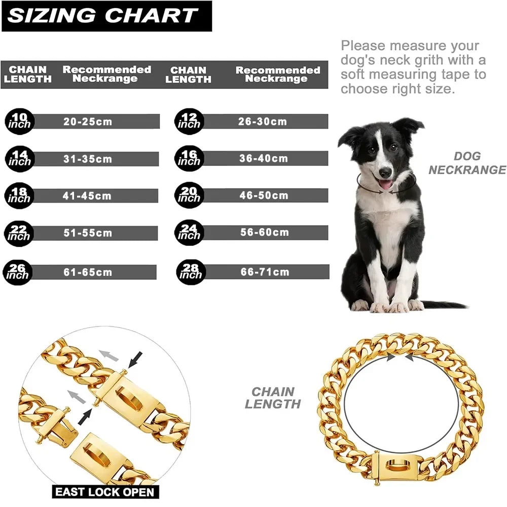 19mm Gold Chain Dog Collar Luxurious Sliver Gold Cuban Link Dog Collar with Secure Snap Buckle for Medium and Large Pit Bulls