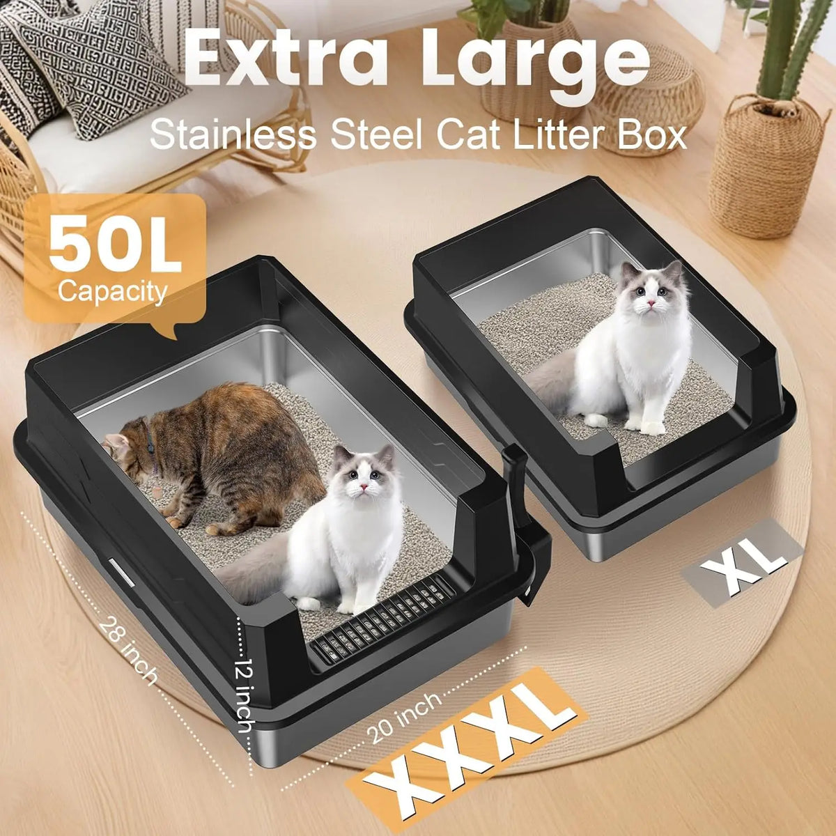 XXXL Stainless Steel Litter Box,Extra Large 28" L x 20" W Metal Litter Box for Big Cats & Multiple Cats with High Sided