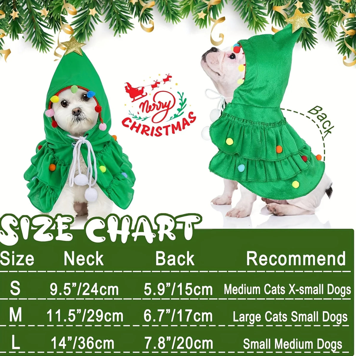 Pet Christmas Tree Costume Dog Cat Xmas Cape Cloak with Star Pom‑pom Decor Holiday Cosplay Outfit Small Dogs Cats Party Dress‑up