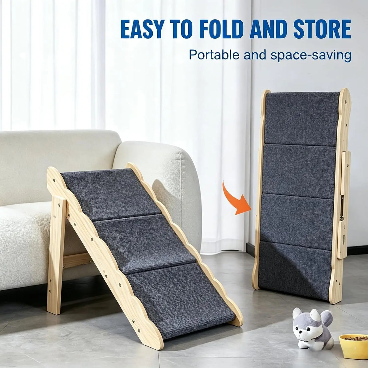 Garvee 2 in 1 3-Step Wooden Dog Stairs for Bed, Couch, Car Non-Slip Pet Steps for Dogs Puppy Ramp Folds Flat Perfect for Medium and Small Dogs Cats Holds 150 lbs