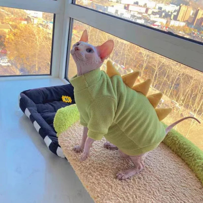 Dinosaur Shape Fleece Sweatshirt for Cats in Winter Cute Cartoon 4-legged Warm Purple Blue Coat for Sphynx Cat Soft Jumpsuit