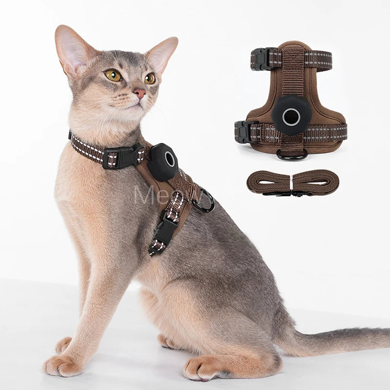 Escape-Proof Cat Harness with AirTag Holder Lightweight Reflective Adjustable Kitten Vest Harness for Outdoor Walking Active Cat