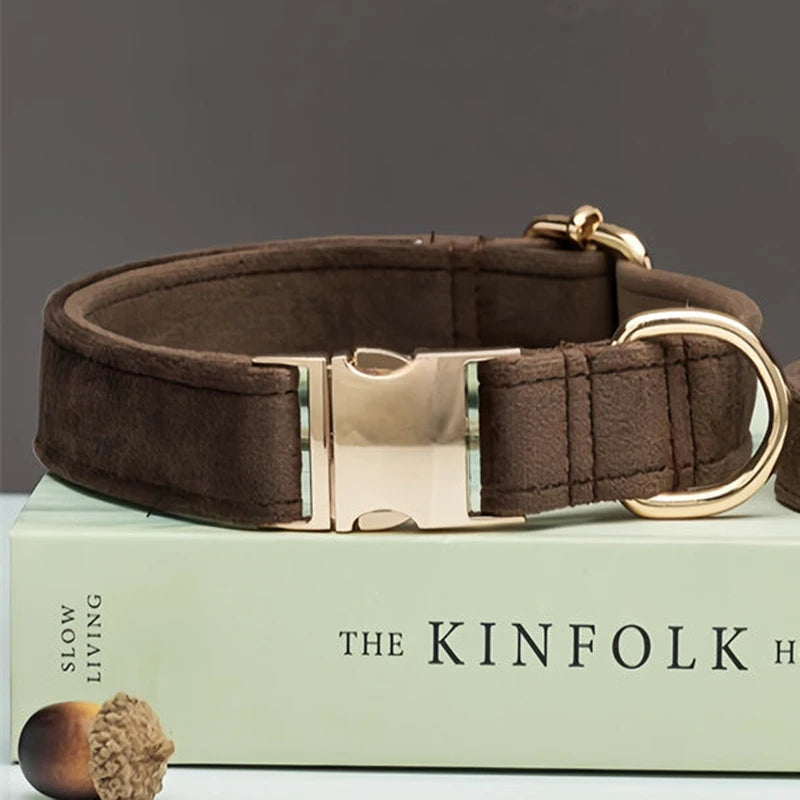 Multiple Colour Velvet Personalise Dog Collar Leash Set with Bow,Brown+Grey+White,Engraved Pet Name Plate Metal Buckle