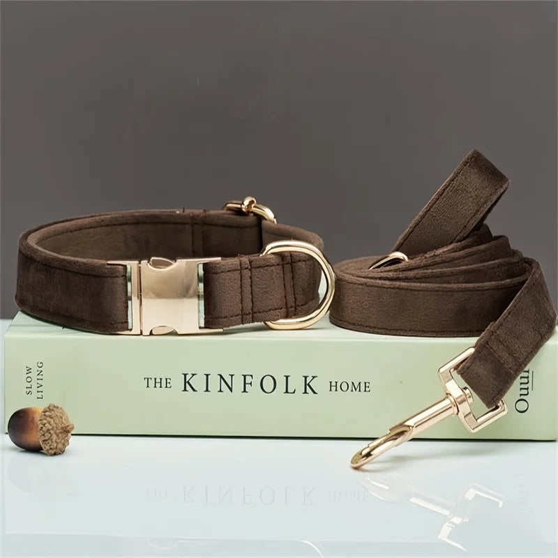Multiple Colour Velvet Personalise Dog Collar Leash Set with Bow,Brown+Grey+White,Engraved Pet Name Plate Metal Buckle