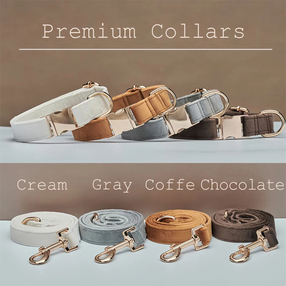 Multiple Colour Velvet Personalise Dog Collar Leash Set with Bow,Brown+Grey+White,Engraved Pet Name Plate Metal Buckle