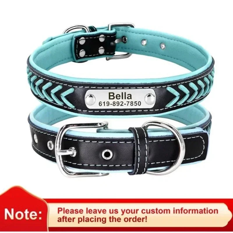 Engraved Leather Dog Collar Braided Persoanzled ID Tag Collars Nameplate Customized Pet Collar Leather Pet Walking Leash Leads