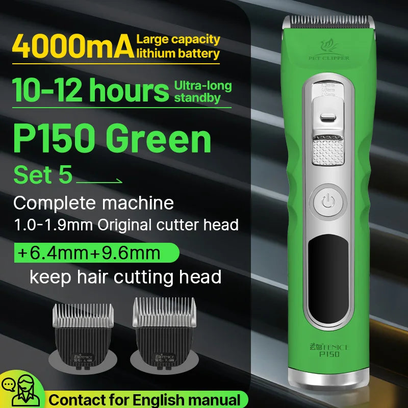 Fenice Green Dog Hair Cutting Machine 4000mA Capacity Cordless LCD Screen Pet Dog Grooming Clipper Rechargeable Dog Accessories