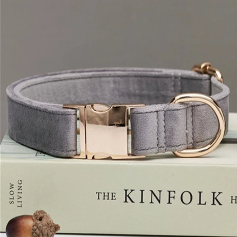 Multiple Colour Velvet Personalise Dog Collar Leash Set with Bow,Brown+Grey+White,Engraved Pet Name Plate Metal Buckle