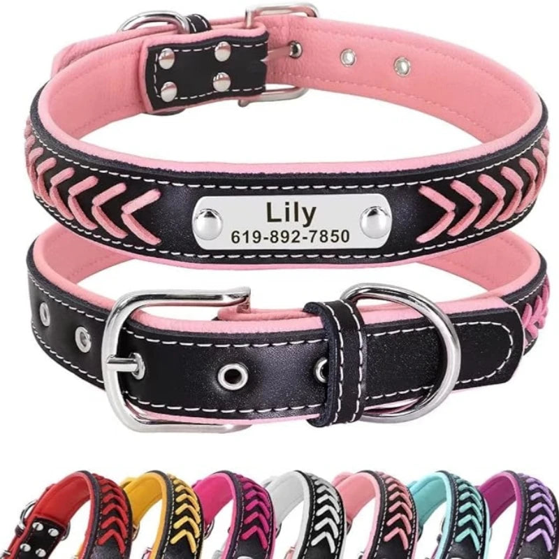 Engraved Leather Dog Collar Braided Persoanzled ID Tag Collars Nameplate Customized Pet Collar Leather Pet Walking Leash Leads