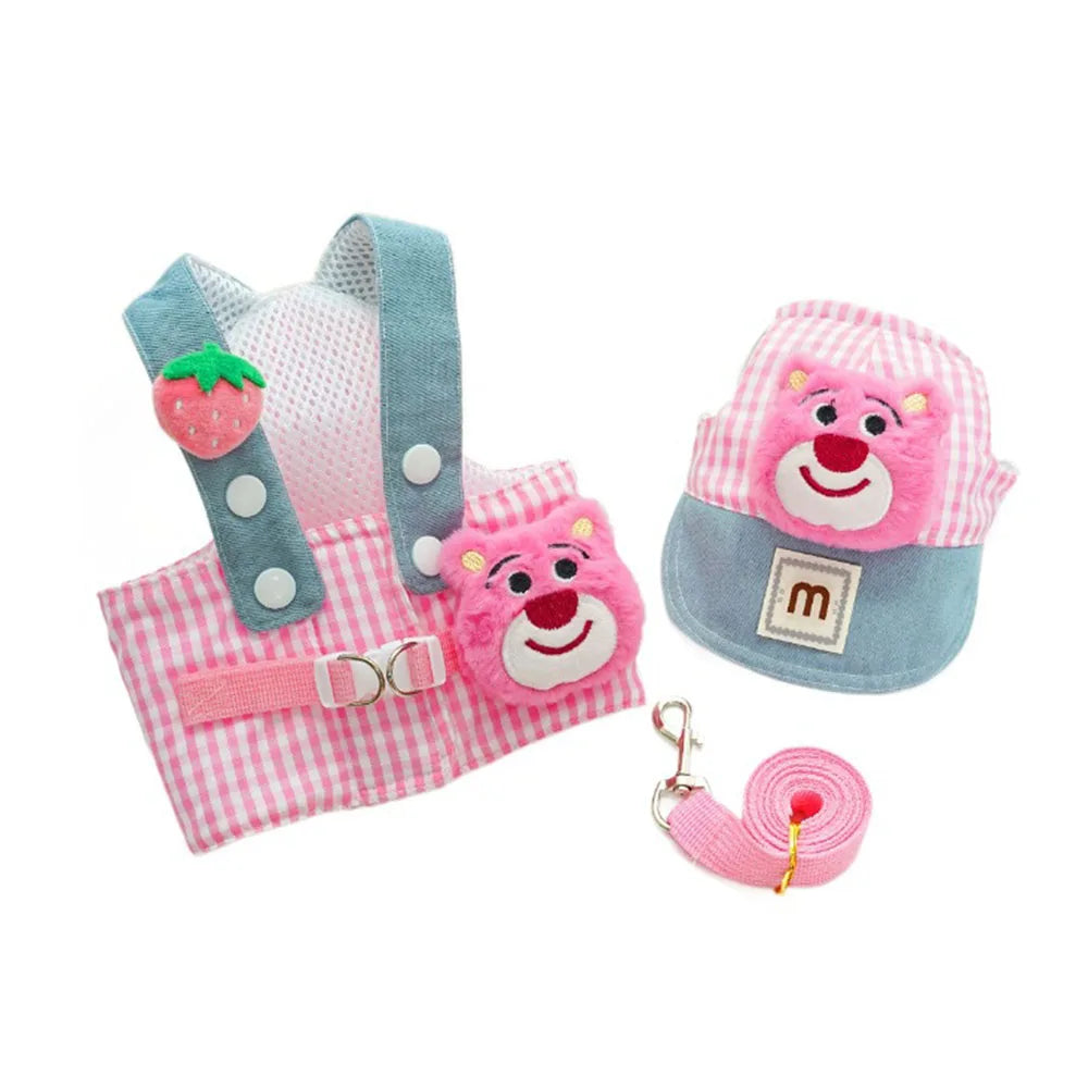 Cartoon Pet Harness Leash Sun Hat Set Cute Kitten Puppy Costume Cat Small Dogs Vest Harness Rope Cap 3pcs Outdoor Pet Supplies