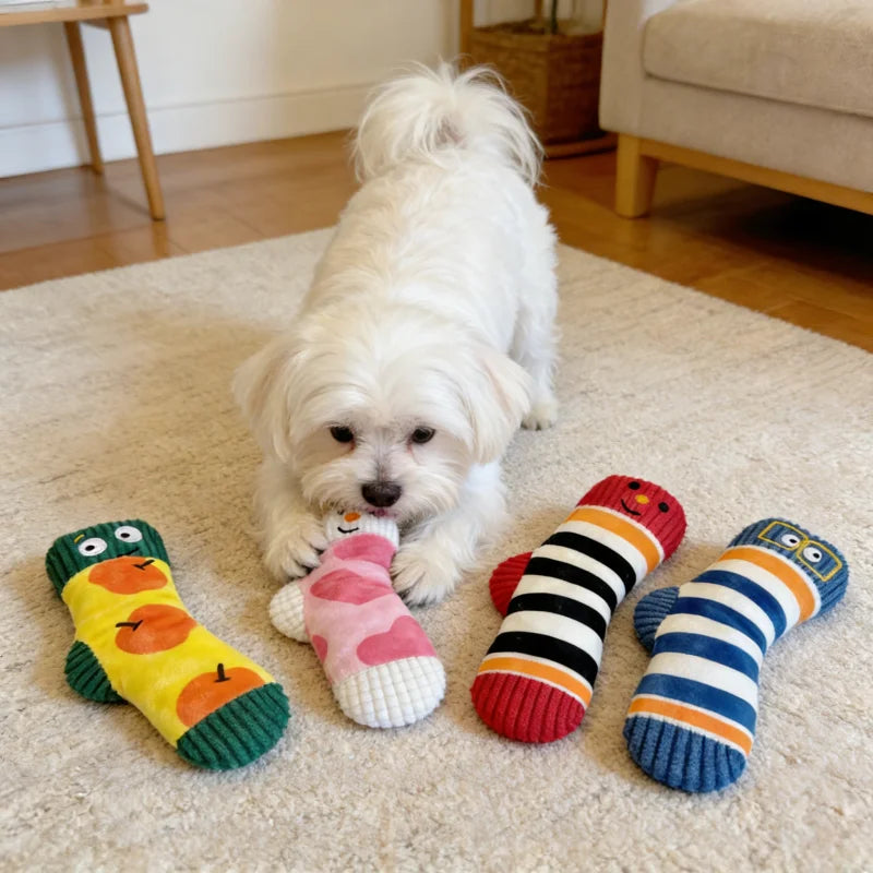 Cute Socks Plush Dog Play Toy Indestructible With Squeaker Food Hiding Pet Supplies Tooth Chew Safe Small Dog Tough Puppy Toys
