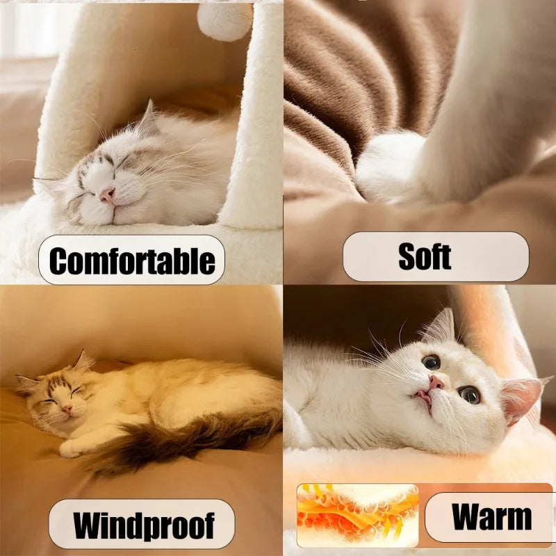 Self Warming Cat Bed Winter Warm Plush Tent House with Removable Washable Cover for Indoor Cats and Small Dogs Comfort