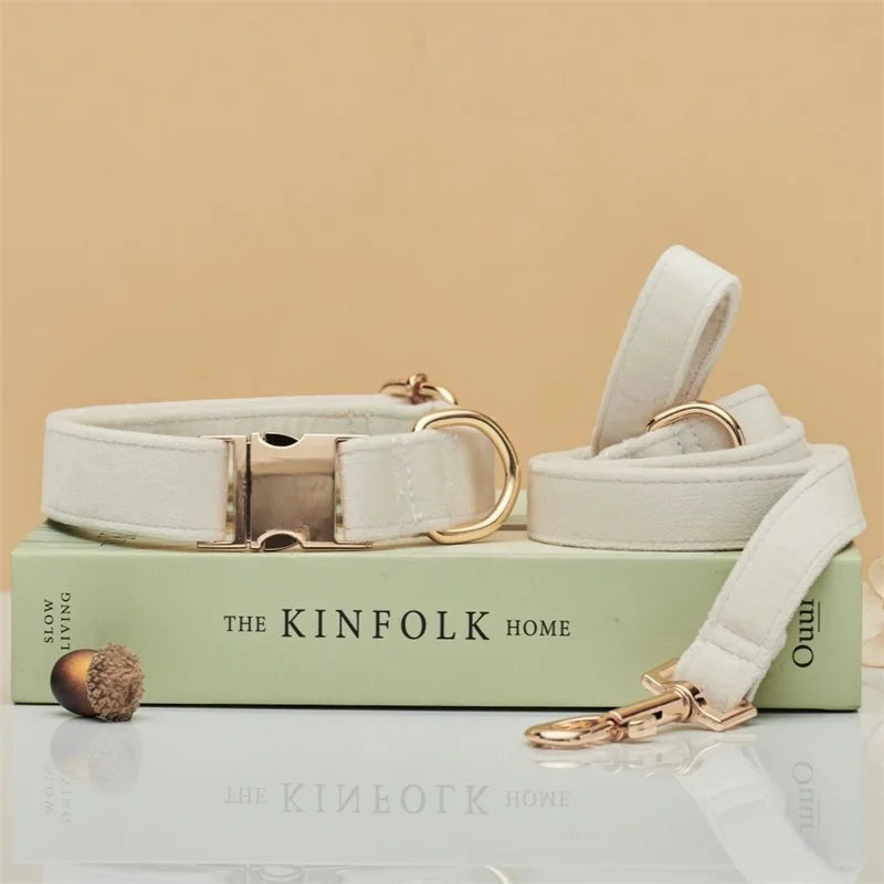 Multiple Colour Velvet Personalise Dog Collar Leash Set with Bow,Brown+Grey+White,Engraved Pet Name Plate Metal Buckle