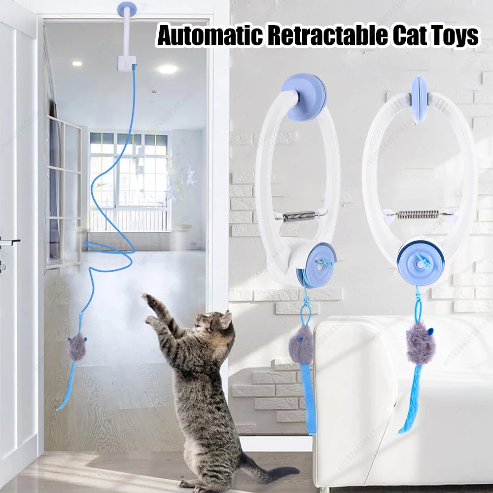 Door Hanging Auto-Rebound Cat Toy Retractable Kitten Teaser with 3 Catnip Mice  Interactive Pet Play Toy for Indoor Playing Exer
