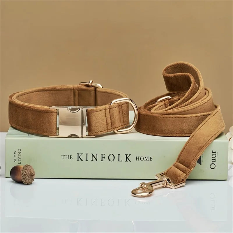 Multiple Colour Velvet Personalise Dog Collar Leash Set with Bow,Brown+Grey+White,Engraved Pet Name Plate Metal Buckle