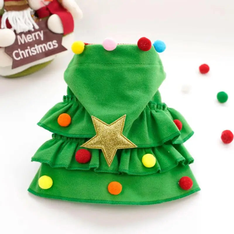 Pet Christmas Tree Costume Dress for Small Dogs Cats Xmas Festive Outfit with Star Hat Puppy Holiday Party Photo Prop Red Green