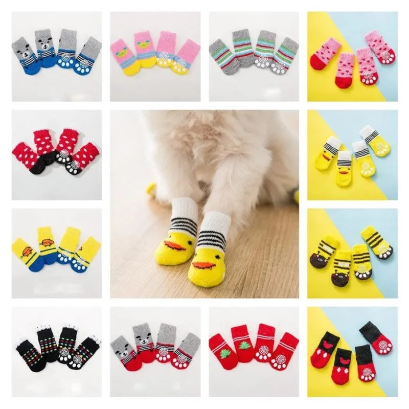 4pcs/set Dog Socks Cute Pattern Foot Covers Warm Anti Slip Shoes Puppy Paw Protector Christmas Gift for Puppy Cat Dogs