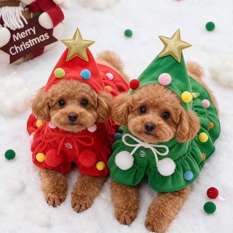 Pet Christmas Tree Costume Dress for Small Dogs Cats Xmas Festive Outfit with Star Hat Puppy Holiday Party Photo Prop Red Green