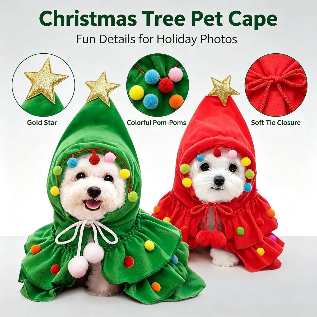Pet Christmas Tree Costume Dog Cat Xmas Cape Cloak with Star Pom‑pom Decor Holiday Cosplay Outfit Small Dogs Cats Party Dress‑up