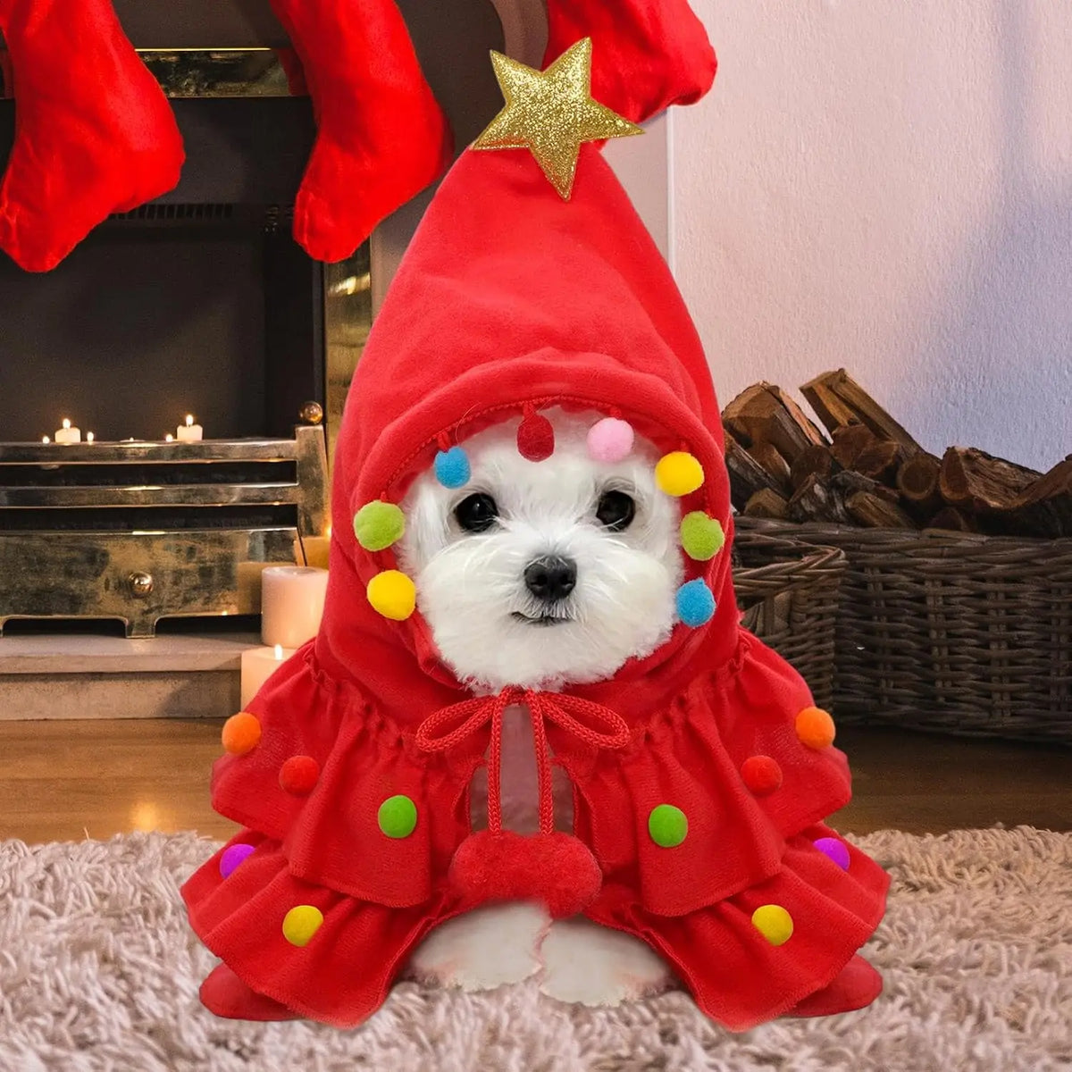 Pet Christmas Tree Costume Dog Cat Xmas Cape Cloak with Star Pom‑pom Decor Holiday Cosplay Outfit Small Dogs Cats Party Dress‑up