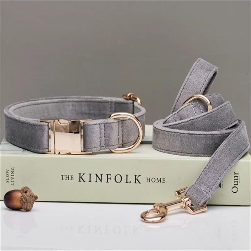 Multiple Colour Velvet Personalise Dog Collar Leash Set with Bow,Brown+Grey+White,Engraved Pet Name Plate Metal Buckle