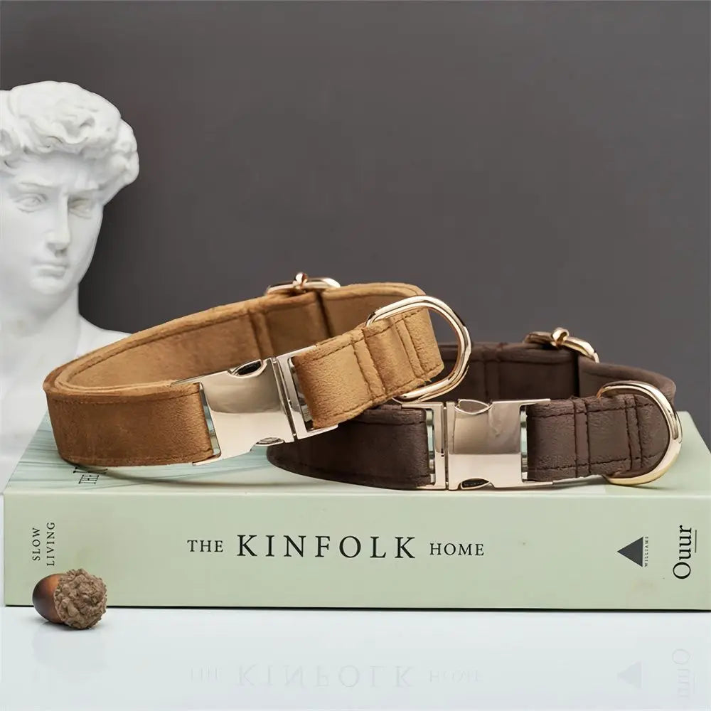 Multiple Colour Velvet Personalise Dog Collar Leash Set with Bow,Brown+Grey+White,Engraved Pet Name Plate Metal Buckle