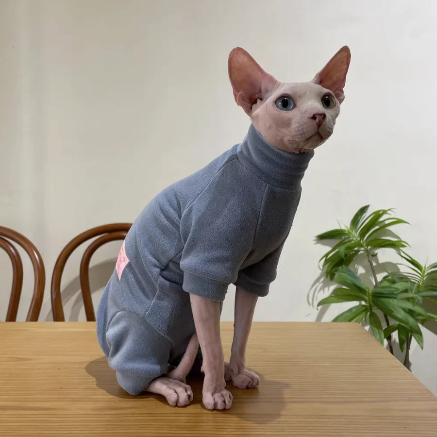 Fleece Coat for Sphynx Cat Warm Sweatshirt 4-legged Jumpsuit for Kittens Dogs soft Loungewear for Male Cat Devon Rex Sweater