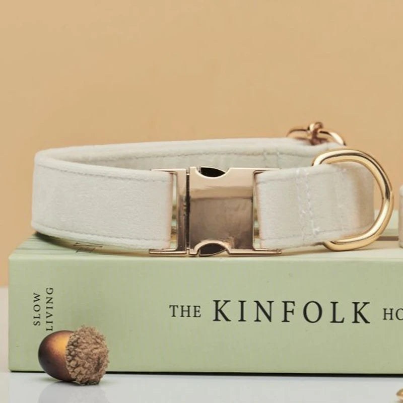 Multiple Colour Velvet Personalise Dog Collar Leash Set with Bow,Brown+Grey+White,Engraved Pet Name Plate Metal Buckle