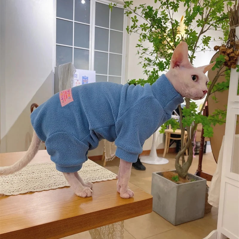 Fleece Coat for Sphynx Cat Warm Sweatshirt 4-legged Jumpsuit for Kittens Dogs soft Loungewear for Male Cat Devon Rex Sweater