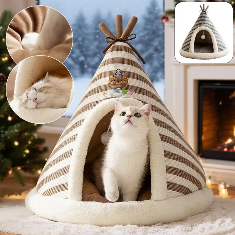 Self Warming Cat Bed Winter Warm Plush Tent House with Removable Washable Cover for Indoor Cats and Small Dogs Comfort