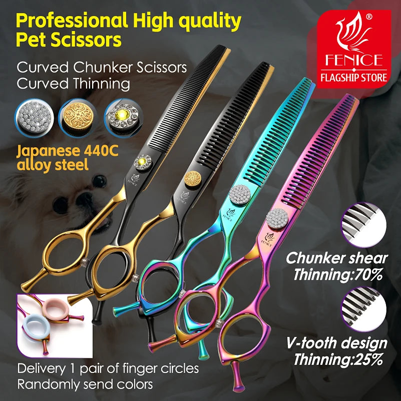 Fenice High-end 7.25 inch Professional Pet Dog Grooming Scissors Curved Thinning Chunker Shears